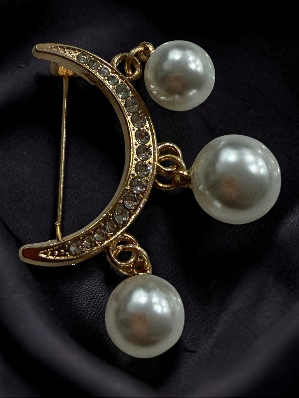 Gold Crescent Faux Pearl Dangle Brooch